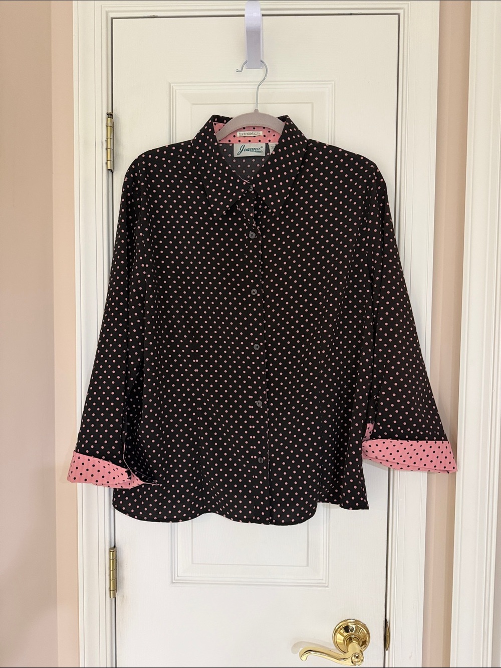Joanna Black Button-Down Shirt with Pink Polka Dots,  XL